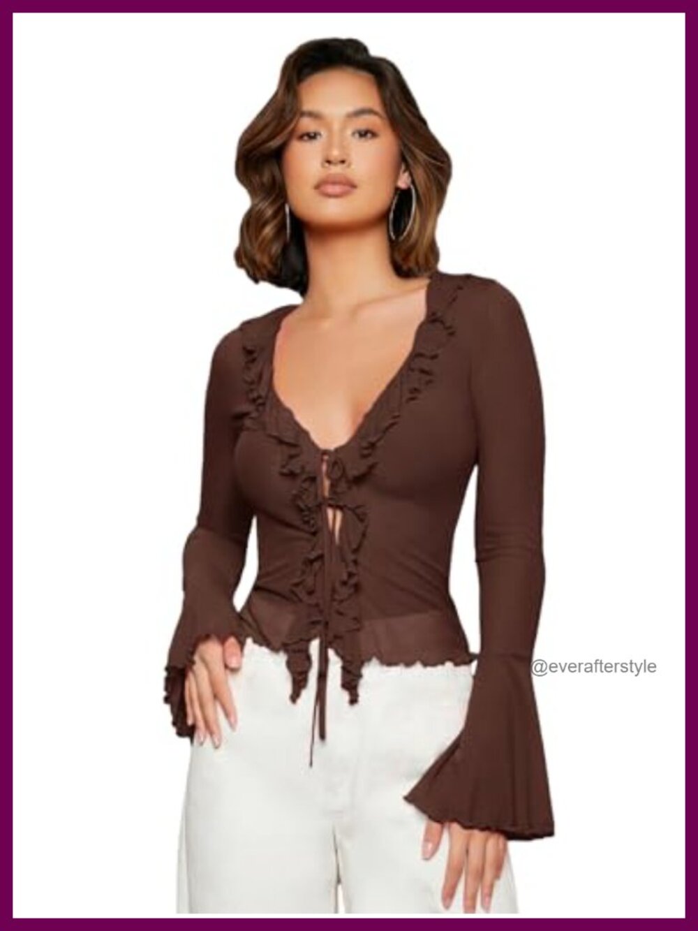 Women's Sheer Mesh Bell Sleeve Tie Front Blouse Ruffle Crop Top